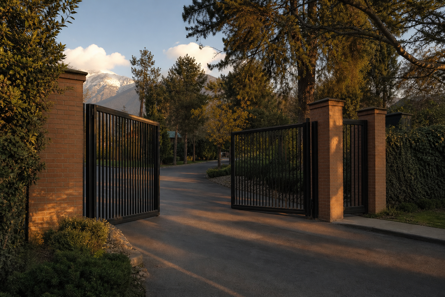 Portón de acceso a una comunidad residencial al atardecer